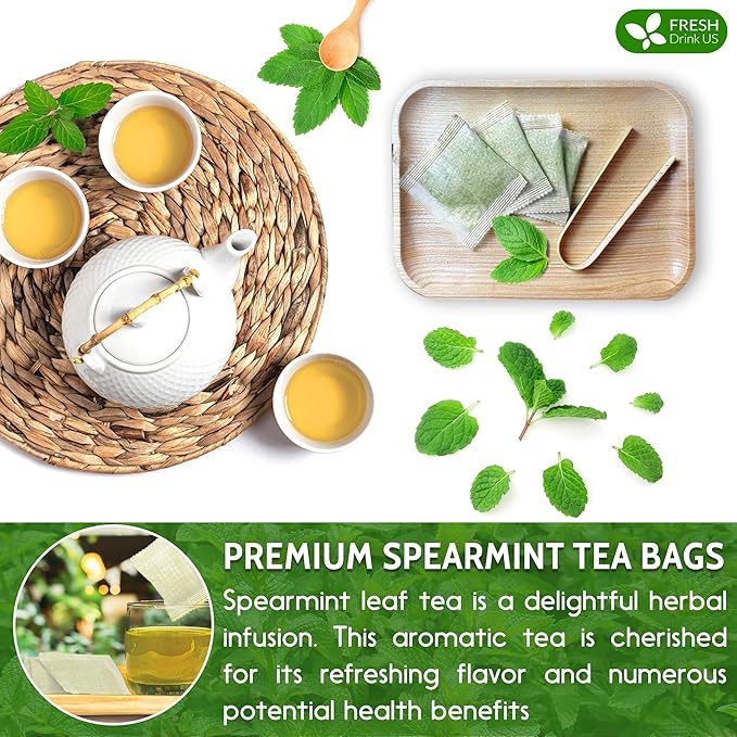 FreshDrinkUS, Premium 120 Spearmint Tea Bags, 100% Natural & Pure from Spearmint Leaves. Loose Leaf Spearmint Herbal Tea. Made with Natural Material Tea Bags. No Sugar, No Caffeine, No Gluten, Vegan.