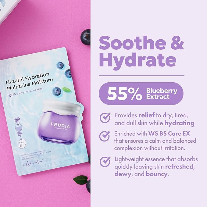 FRUDIA Blueberry Hydrating Mask Sheets (10 Pack), Korean Face Masks with 55% Blueberry Extract, Vegan Panthenol & WS BS Care EX for Deep Moisturizing & Soothing Skin