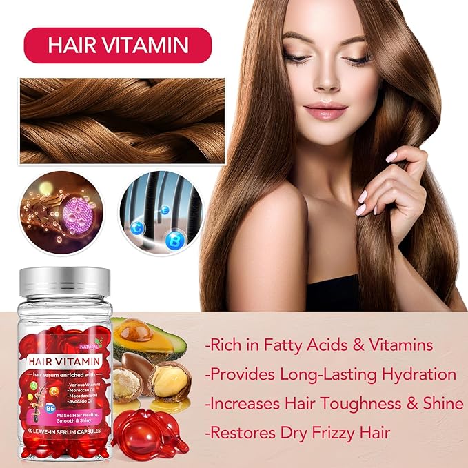 Hair Treatment Serum, 40 Pcs Hair Vitamin Serum Capsule, Restores Dry Frizzy Hair, Hair Oil Capsules Rich in Vitamin A C E B5, with Moroccan/Macadamia/Avocado Oil for Hair Repair(Box-Packed)