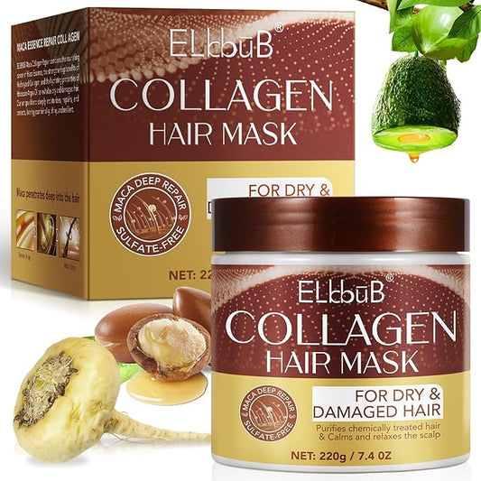 Collagen Hair Mask with Peruvian Ginseng, Avocado Oil, Marigold & Chamomile - Deep Repair Treatment for Dry, Damaged Hair - Restores Shine, Hydration & Strength - Suitable for All Hair Types