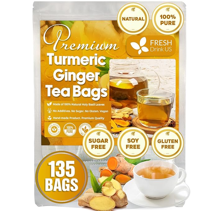FreshDrinkUS, Premium 135 Turmeric Ginger Tea Bags, 100% Natural Ingredients, Hand-made Blend of Turmeric and Ginger Herbal Tea, Eco-conscious Tea Bags. No Sugar, No Caffeine, No Gluten, Vegan.