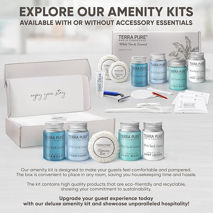 Terra Pure White Tea & Coconut Amenity Kit | Hotel Bulk Toiletries | 1 oz Shampoo, Conditioner, Lotion, Body Wash, Cleansing Bar for Guest Hospitality Vacation Rentals| 15 Sets/Case