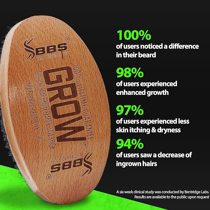 GROW First Cut Boar Bristle Beard & Wave Brush for Men 360 - Beard/Hair Growth Follicle Stimulator - Exfoliate - Detangle - Moisturize - Improve Circulation & Blood Flow (USA)