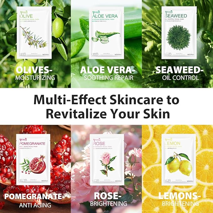 Face Masks Skincare, 12 Pack Variety Sheet Masks - Hydrating & Smoothing, Moisturizing & Nourishing for All Skin Types