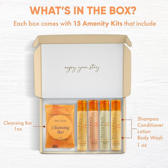 Terra Pure Amenity Kit | Boxed Hotel Toiletries Bulk Set | 1 oz Shampoo, Conditioner, Lotion, Body Wash & Cleansing Bar | 15 Sets per Case