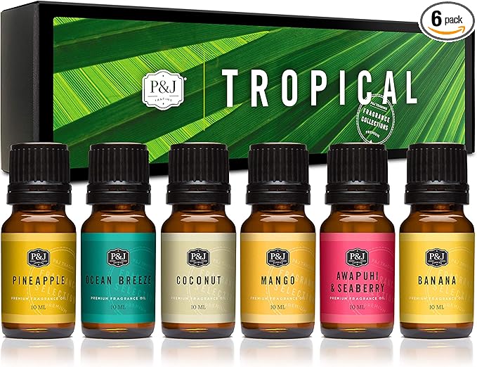 P&J Fragrance Oil Tropical Set | Banana, Coconut, Awapuhi and Seaberry, Pineapple, Mango, Ocean Breeze Candle Scents for Making, Freshie Scents, Soap Making Supplies, Diffuser