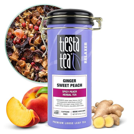 Tiesta Tea - Ginger Sweet Peach | Loose Leaf | Spicy Peach Herbal Tea | Tranquility Non-Caffeinated Blend | Bulk Hibiscus Leaves with Cane Sugar | Brews Up to 50 Cups | 6 Ounce Refillable Tin
