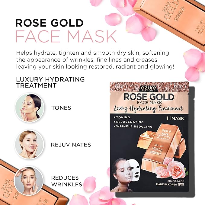 Azure Cosmetics Rose Gold Luxury Hydrating Facial Sheet Mask - Firming, Lifting & Deeply Moisturizing - Helps Reduce Fine Lines & Wrinkles, Signs of Aging & Dry Patches - Made in Korea - Pack of 5