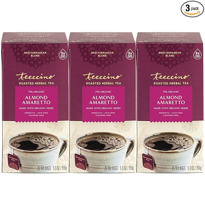 Teeccino Almond Amaretto Herbal Tea - Rich & Roasted Herbal Tea That's Caffeine Free & Prebiotic for Natural Energy, 25 Tea Bags (3 Pack)