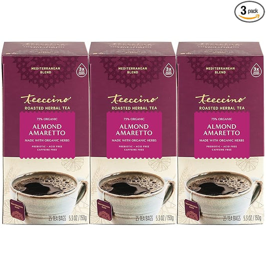 Teeccino Almond Amaretto Herbal Tea - Rich & Roasted Herbal Tea That's Caffeine Free & Prebiotic for Natural Energy, 25 Tea Bags (3 Pack)