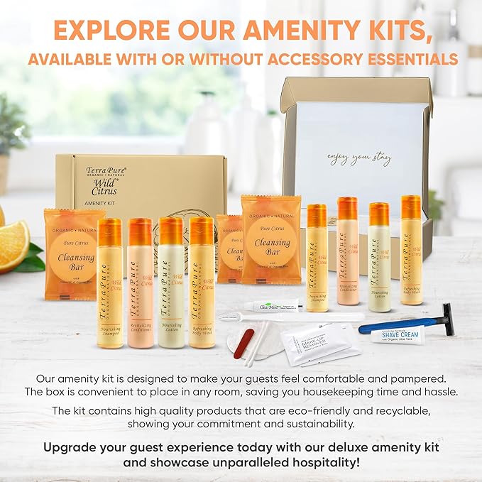Terra Pure Amenity Kit | Boxed Hotel Toiletries Bulk Set | 1 oz Shampoo, Conditioner, Lotion, Body Wash & Cleansing Bar | 15 Sets per Case