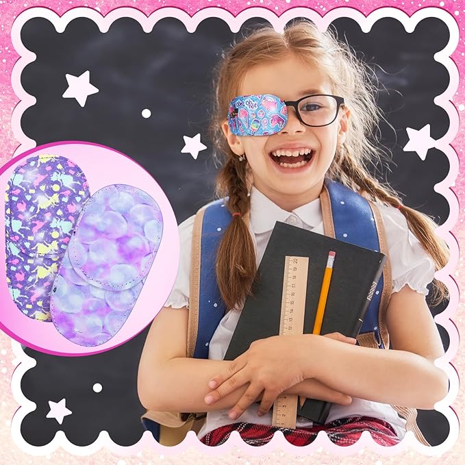 Newcotte 12 Pcs Eye Patch for Kids Toddler Reusable Adjustable Girls Boys Eyepatch for Glasses Left or Right Eye Patch, Assorted Patterns(Mermaid)