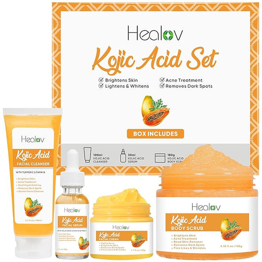 Kojic Acid Skincare Set – Kojic Soap Cleanser, Exfoliating Body Scrub, Face Cream & Brightening Facial Serum – Skin Brightening Hyperpigmentation Treatment, Dark Spot Corrector – with Turmeric Papaya