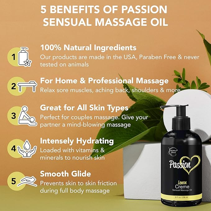 Passion Sensual Massage Oil for Date Night | 100% Natural Body Oil for Couples with Jojoba & Almond | Aromatherapy & Relaxing Massage Therapy | Perfect Glide & Smooth Skin | Lemon Crème Scent