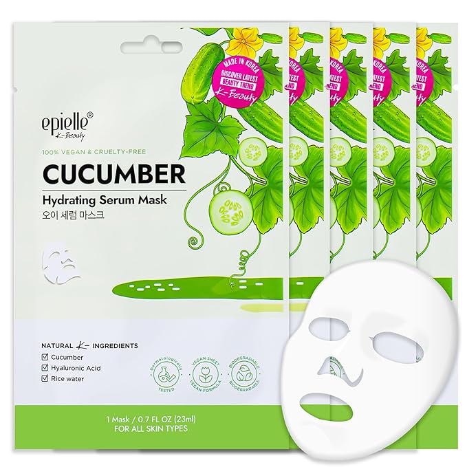 Epielle Cucumber Hydrating Serum Sheet Masks (5pk) | Korean Skincare | Facial Sheet Mask | Kbeauty, Mother's Day Gifts