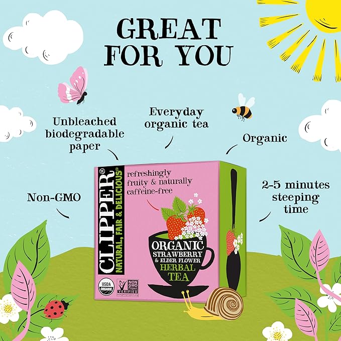 Clipper Tea Strawberry & Elderflower Herbal Tea – Caffeine Free, USDA Organic, Great Hot or Iced – Refreshingly Fruity, Natural, Fair & Delicious – 200 Tea Bags