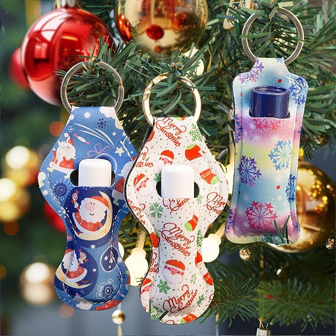 Chapstick Holder Keychain, Lip Balm Holder Sleeve Pouch with Clip On, Lip Gloss Lipstick Holder Keychain Gift for Friends Women Girls Boys and Man (Christmas Style, 6pcs)