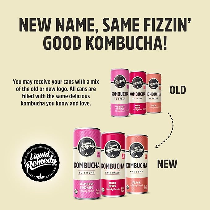Liquid Remedy Kombucha Sugar Free Organic Drink, Low Calorie, Probiotic Like Tea for Gut Health - Fruity Faves Variety Pack - 8.5 Fl Oz Can, 12-Pack