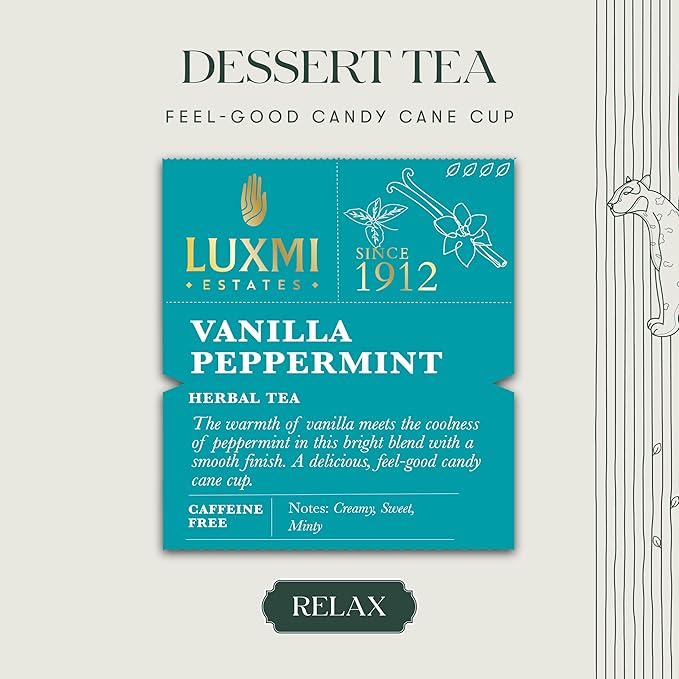 Luxmi Estates - Vanilla Peppermint Organic Tea, Natural Vanilla Extract and Pepperment - 50 Tea Bags, Perppermint Aids Digestion, Ideal After a Meal