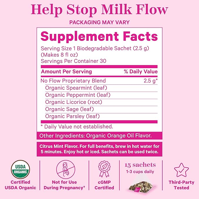 Pink Stork No Flow Tea, Organic Sage Tea to Help Dry Up Breast Milk Supply, Stop Breastfeeding and Wean Lactation Naturally, Postpartum Essentials - 30 Cups