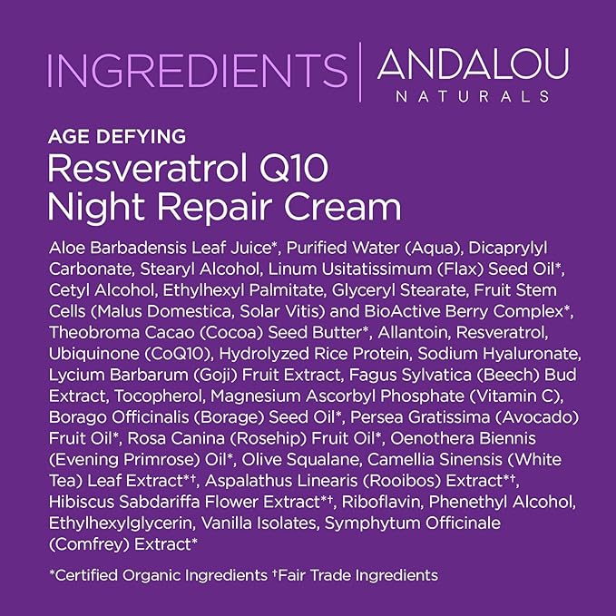 Andalou Naturals Resveratrol Q10 Night Repair Cream, For Dry Skin, Fine Lines & Wrinkles, For Softer, Smoother, Younger Looking Skin, 1.7 Ounce