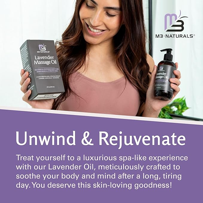 Lavender Massage Oil with Collagen and Stem Cells - Skin Firming Therapy Oil for Cellulite and Quick Absorption on Bum, Thighs, and Belly by M3 Naturals (Pack of 2)