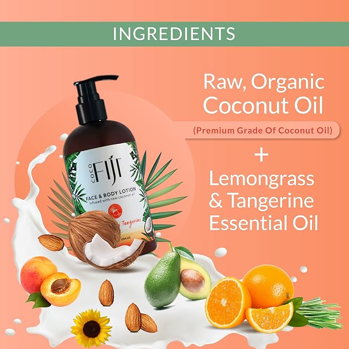 Coco Fiji Face & Body Lotion Infused With Coconut Oil | Lotion for Dry Skin | Moisturizer Face Cream & Massage Lotion for Women & Men | Lemongrass Tangerine 12 oz, Pack of 3