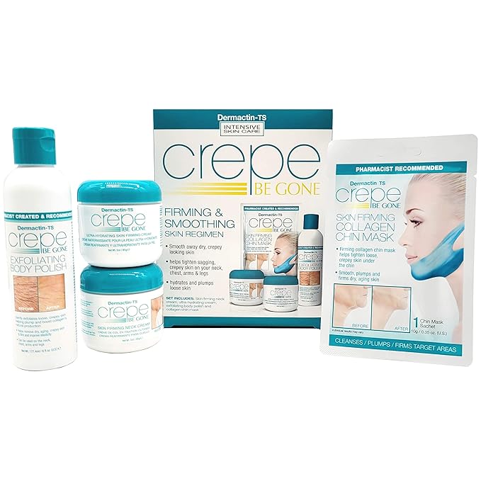 Dermactin-TS Crepe Be Gone Firming & Smoothing Skin Regimen 4-PC Set - Includes Skin Firming Neck Cream, Hydrating Skin Firming Soufle, Exfoliating Body Polish & Collagen Chin Mask
