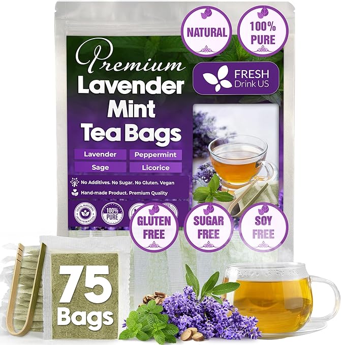 FreshDrinkUS, Premium 75 Tea Bags Lavender Mint Tea, 100% Natural, Blend of Lavender, Peppermint, Sage and Licorice. Made with Natural Material Tea Bags. No Sugar, No Caffeine, Vegan.
