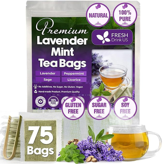 FreshDrinkUS, Premium 75 Tea Bags Lavender Mint Tea, 100% Natural, Blend of Lavender, Peppermint, Sage and Licorice. Made with Natural Material Tea Bags. No Sugar, No Caffeine, Vegan.