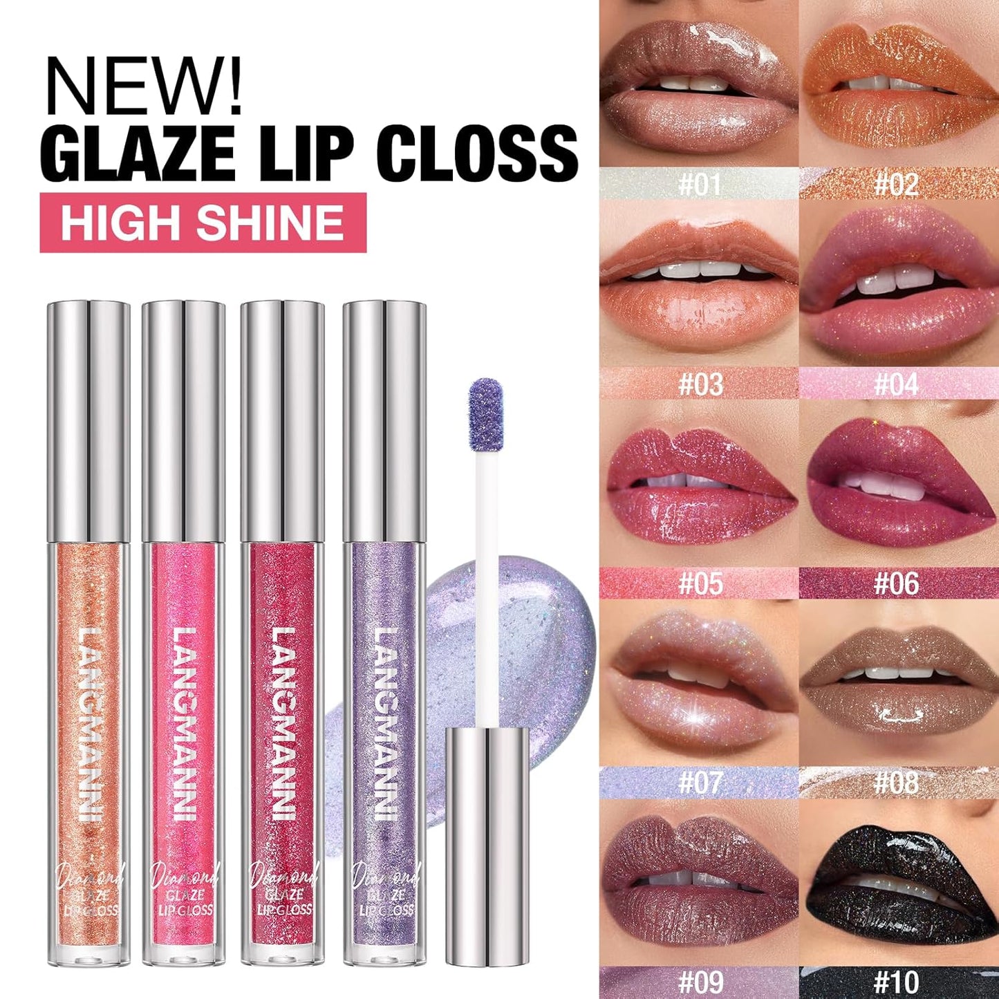 LANGMANNI 6 Colors Diamond Glitter Lip Gloss Set,Long Lasting High Shine Shimmer Liquid Lipstick Set,Hydrating,Moisturizing Lip Gloss Kit Gift Makeup For Girls(#01+02+03+04+05+06)