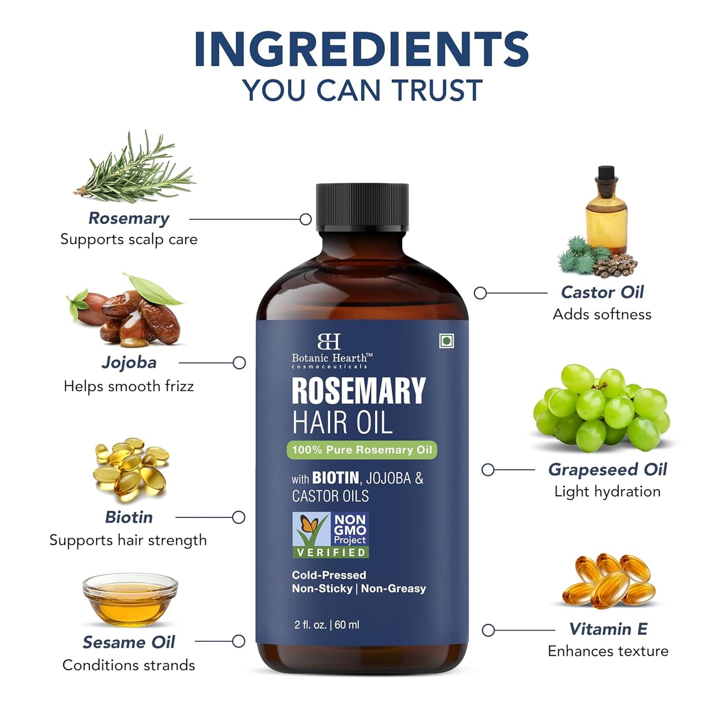Botanic Hearth 100% Pure Rosemary Oil For Hair (2 Fl Oz) Infused With Biotin, Jojoba & Castor Oil | Hair Oil Repairs Dry Damaged Hair, Strengthening, Healthier Hair- Hair Tonic