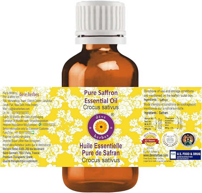 dève herbes Pure Saffron Essential Oil (Crocus sativus) 100% Therapeutic Grade Steam Distilled 5ml (0.16 oz)