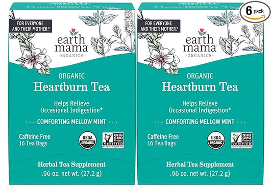 Earth Mama Organic Heartburn Tea | Pregnancy-Safe Soothing Herbal Blend with Marshmallow Root, Lemon Balm & Chamomile, 16 Teabags Per Box (2-Pack)