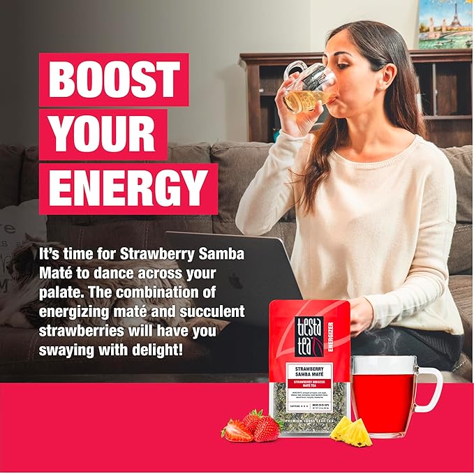 Tiesta Tea - Strawberry Samba Mate | Loose Leaf | Strawberry Hibiscus Mate Tea | High Caffeinated Fruit Blend | Make Hot or Iced Up to 25 Cups | 2 oz Resealable Pouch