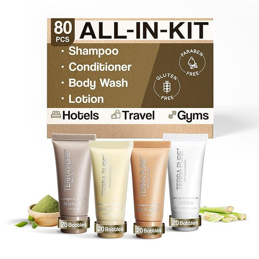 Terra Pure Spa Collection Bulk Set Toiletries | 1-Shoppe Amenities Kit for Hotels & Vacation Rentals | 0.85 oz Shampoo, Conditioner, Body Wash & Lotion | 80 Pieces