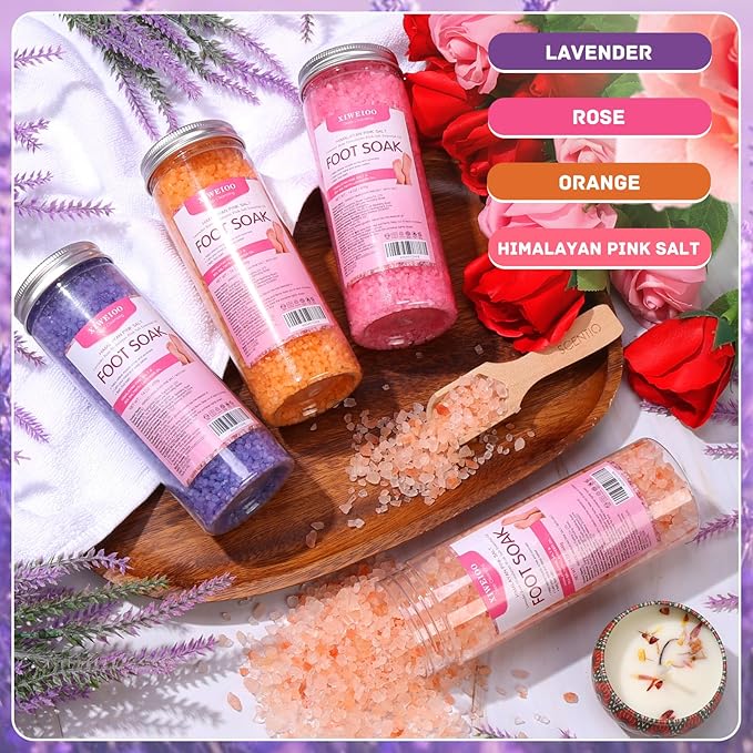 Foot Soak Salts 4 Pack Kit 56 OZ Himalayan Pink Salt Lavender Orange Rose Scent Athletes Itching,Tea Tree Oil Foot Care Pedicure for Women Dead Sea Salt Moisturizing Skin Softens Calluses