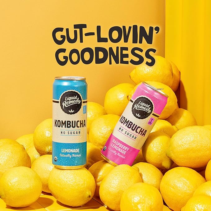 Liquid Remedy Kombucha Sugar Free Organic Drink, Low Calorie, Probiotic Like Tea for Gut Health - Lemon Lovers Variety Pack - 8.5 Fl Oz Can, 12-Pack