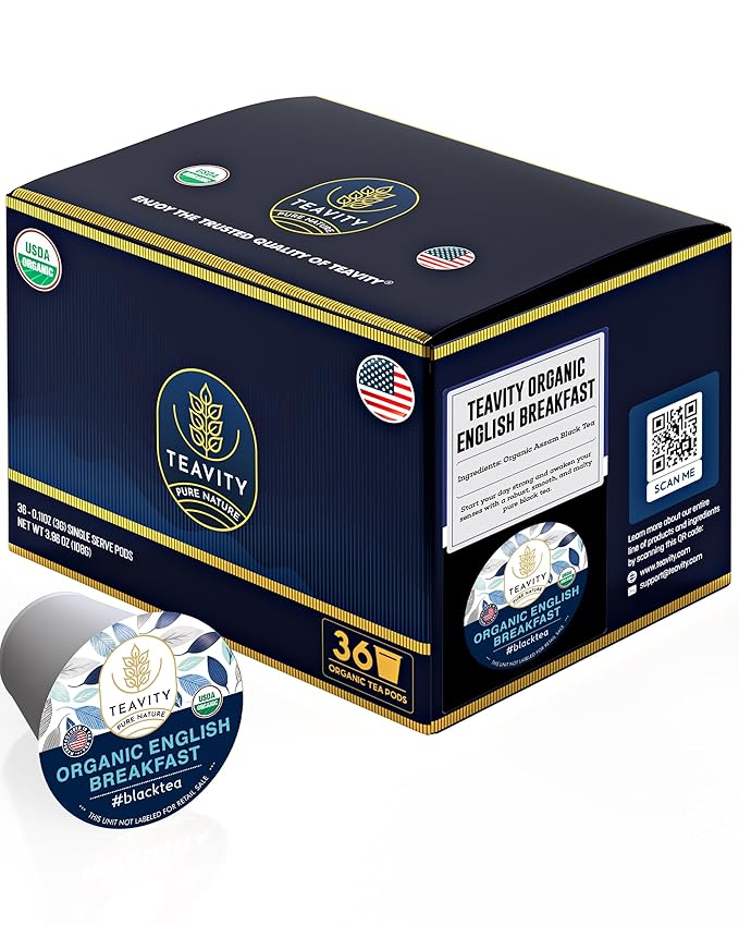 Organic English Breakfast Tea Pods for Keurig - Naturally Caffeinated Unsweetened Black Tea Pods by Teavity (36 Tea Pods)