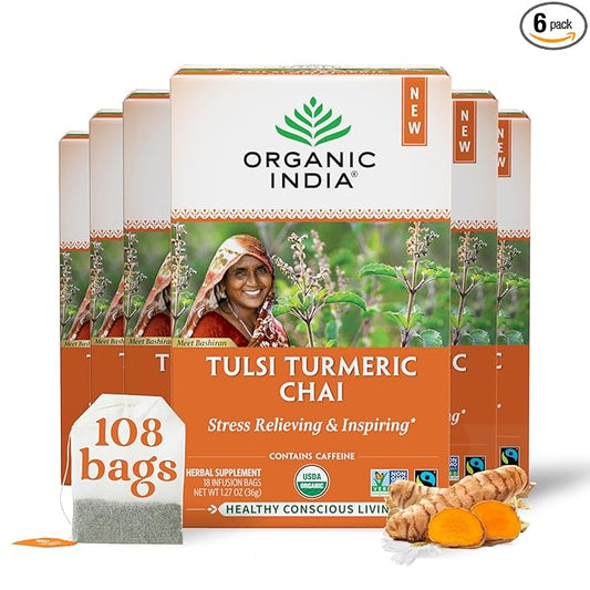 Organic India Tulsi Turmeric Chai Tea - Herbal Tea Bags with Caffeine, Ginger Root, Cinnamon, Holy Basil, Stress Relieving and Energizing, Immune Support, Helps Digestion - 18 Count, Pack of 6