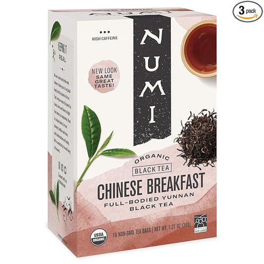 Numi Organic Tea Chinese Breakfast, 18 Count Box of Tea Bags (Pack of 3) Yunnan Black Tea
