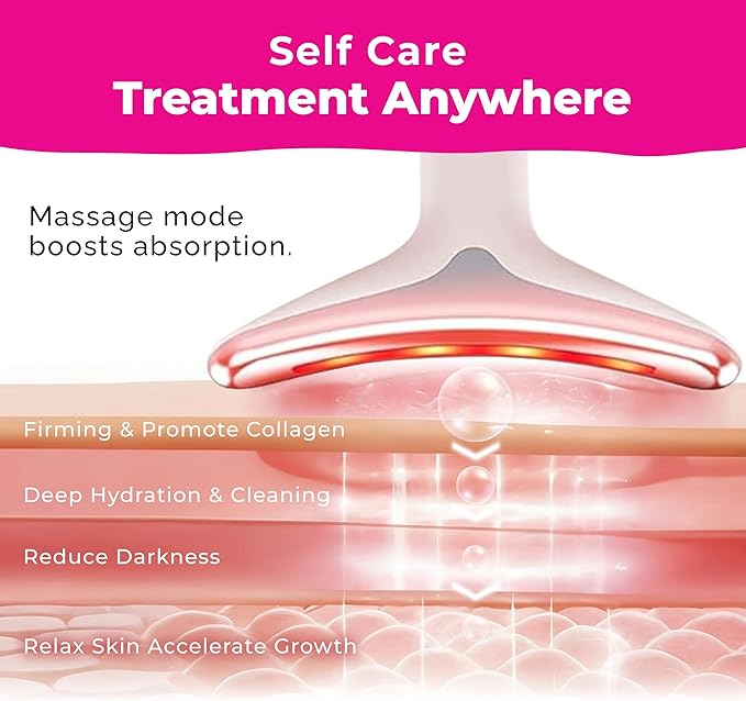 Red Light Therapy for Face & Neck Facial Massager - luminesce 7-in-1 L-E-D Facial Sculptor, True Beauty Glow, Lymphatic Drainage Massager, Double Chin Reducer, Face Lift, Gua Sha Tool, Pink, Biidey