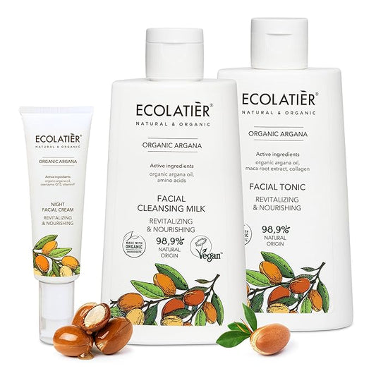Facial Cleansing Milk, Tonic & Night Cream Bundle - Organic Argana Oil, Revitalizing, Nourishing, Anti-Aging, Hydrating, Vitamin E & C, Collagen Boost, Firming