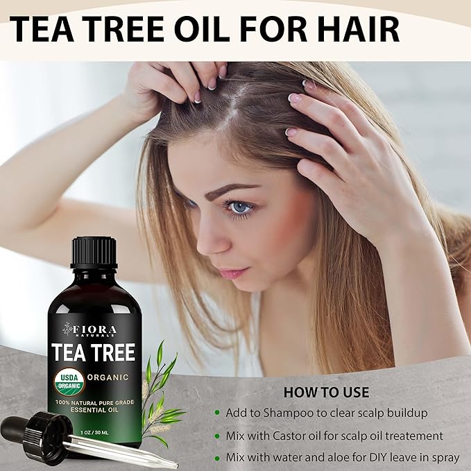 Tea Tree Essential Oil by Fiora Naturals- 100% Pure Organic Oil, for Face, Hair, Skin, Acne, Scalp, Foot and Toenails. Melaleuca Alternifolia, 1 oz /30ml