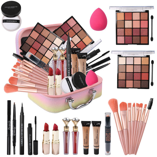 Makeup Kit for Teen Girls,All in One Makeup Kit for 2X16 Colors Eyeshadow Liquid Foundation Eyeliner Pencils Contouring Stick Lip Gloss Eyebrow Pencils 8Pcs Makeup Brushes etc (rainbow)