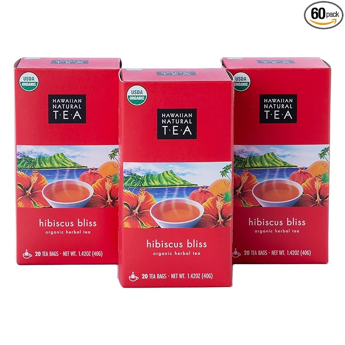 Hawaiian Natural Tea - Organic Hibiscus Bliss Herbal Tea, Caffeine-Free Hibiscus Tea, All-Natural and Antioxidant-Rich Wellness Tea, Vegan and Keto-Friendly, 60 Tea Bags