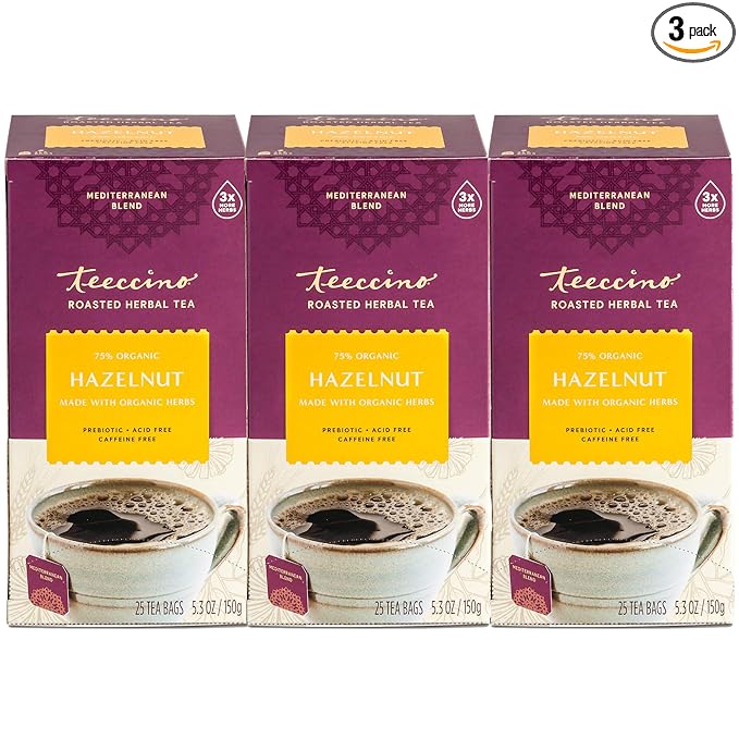 Teeccino Hazelnut Herbal Tea - Rich & Roasted Herbal Tea That’s Caffeine Free & Prebiotic for Natural Energy, 25 Tea Bags (Pack of 3)