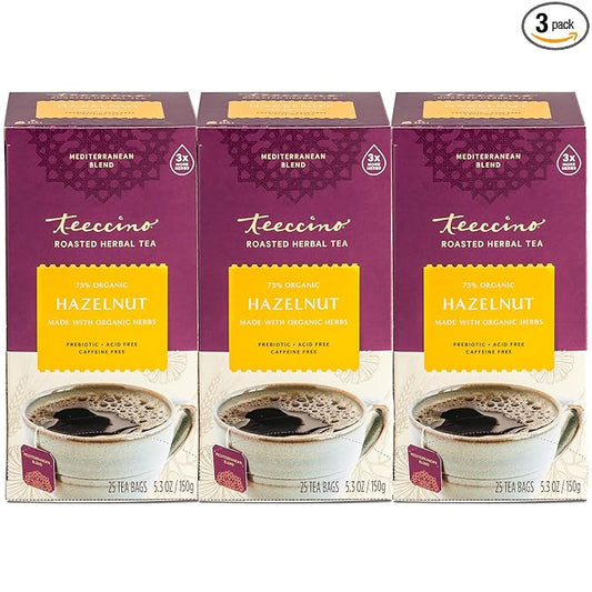 Teeccino Hazelnut Herbal Tea - Rich & Roasted Herbal Tea That’s Caffeine Free & Prebiotic for Natural Energy, 25 Tea Bags (Pack of 3)