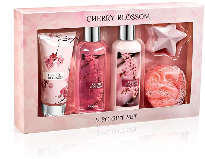 Freida & Joe Fragrance Bath & Body Collection Gift Box, Includes Shower Gel, Body Lotion, Body Scrub, Bath Bomb & Sponge (Japanese Cherry Blossom)