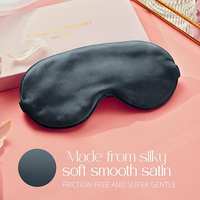 Grace & Company Silky Satin Eye Mask for Women - Premium Black Satin Silk Sleep Mask - Hydrating, Ultra Soft & Lightweight Vegan Sleeping Mask - Midnight